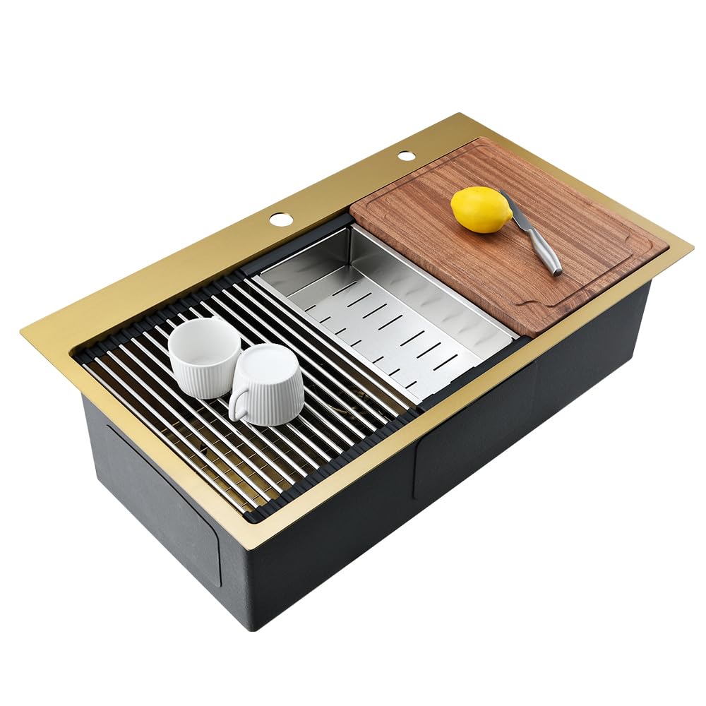 Boomhoze 33 Inch Gold Drop In Kitchen Sink, 33X19 Top Mount Kitchen Sink 16 Gauge Stainless Steel Single Bowl Large Kitchen Sink