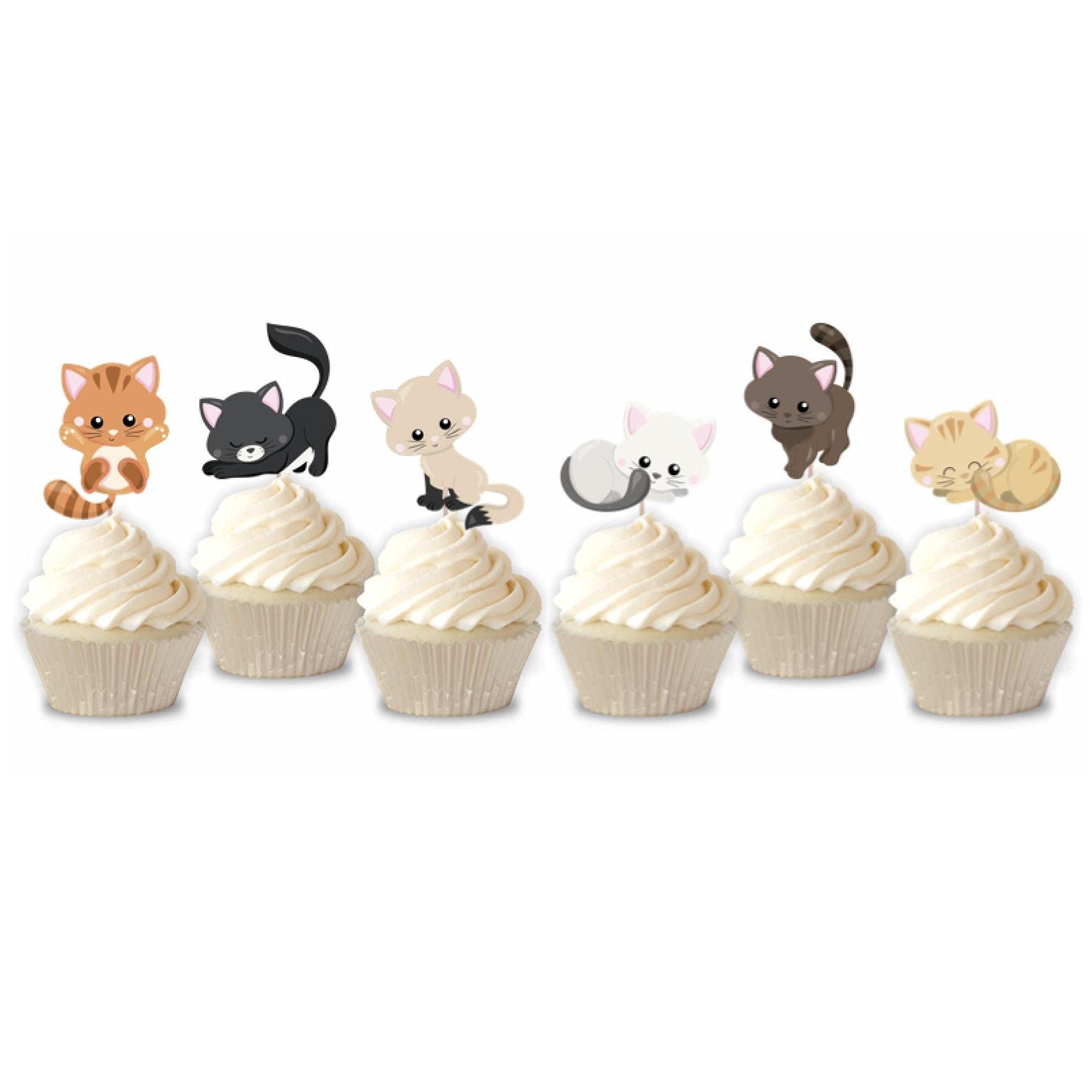 Mirabuy 48 Pcs Cute Cat Kitten Cupcake Toppers Picks For Pet Themed Party, Birthday Party