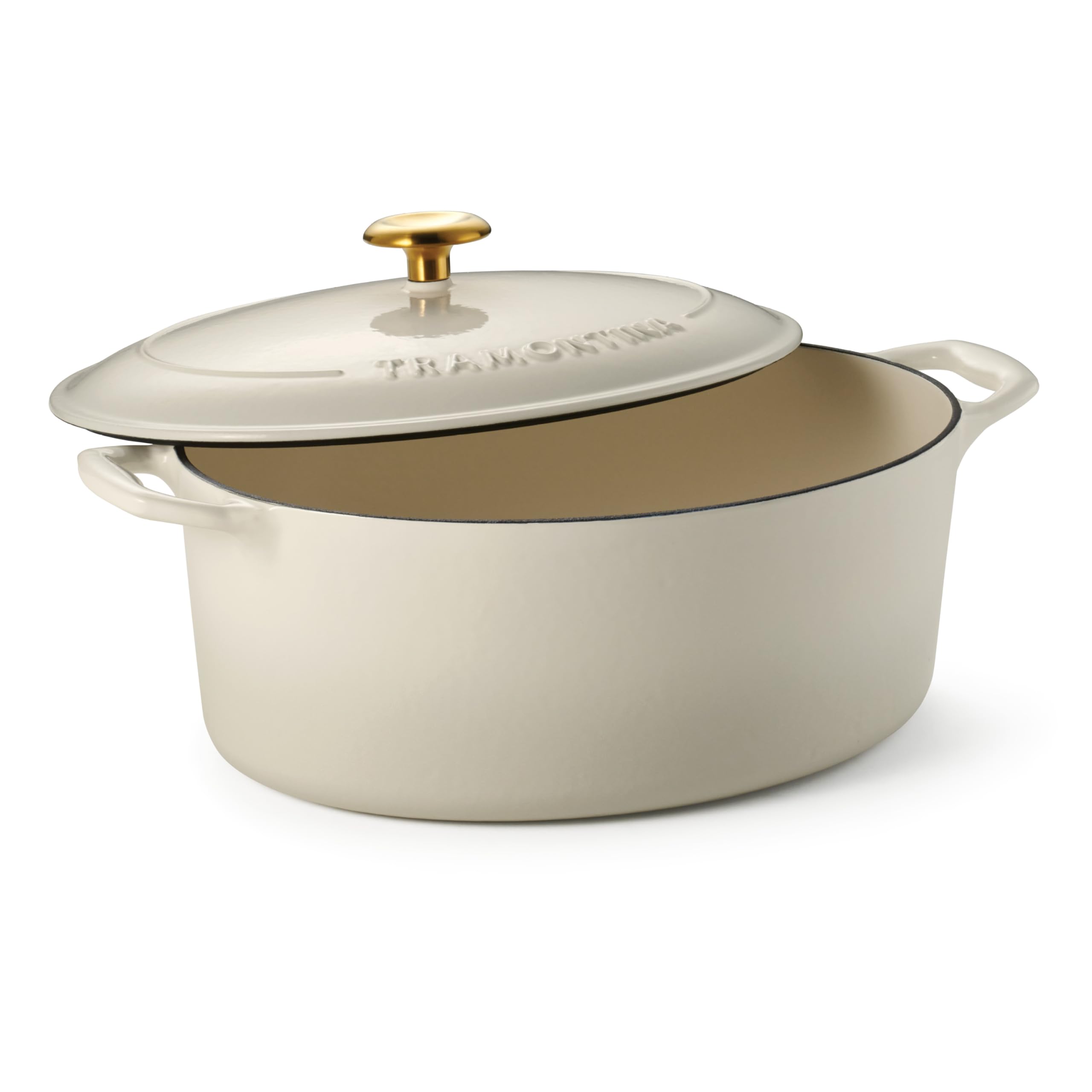 Tramontina Enameled Cast Iron Oval Dutch Oven Pot with Lid, Large 7-quart, Latte (Gold Knob)