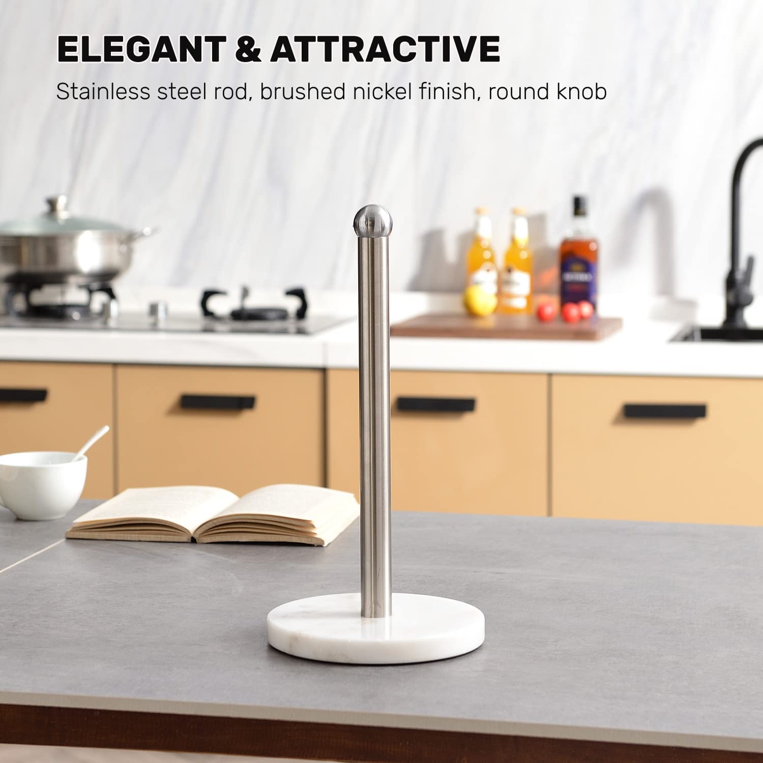 Paper Towel Holder With Sturdy Marble Base, Freestanding Paper Towel Holder Countertop, One-Handed Use, No Wobbly (Brushed Nicke