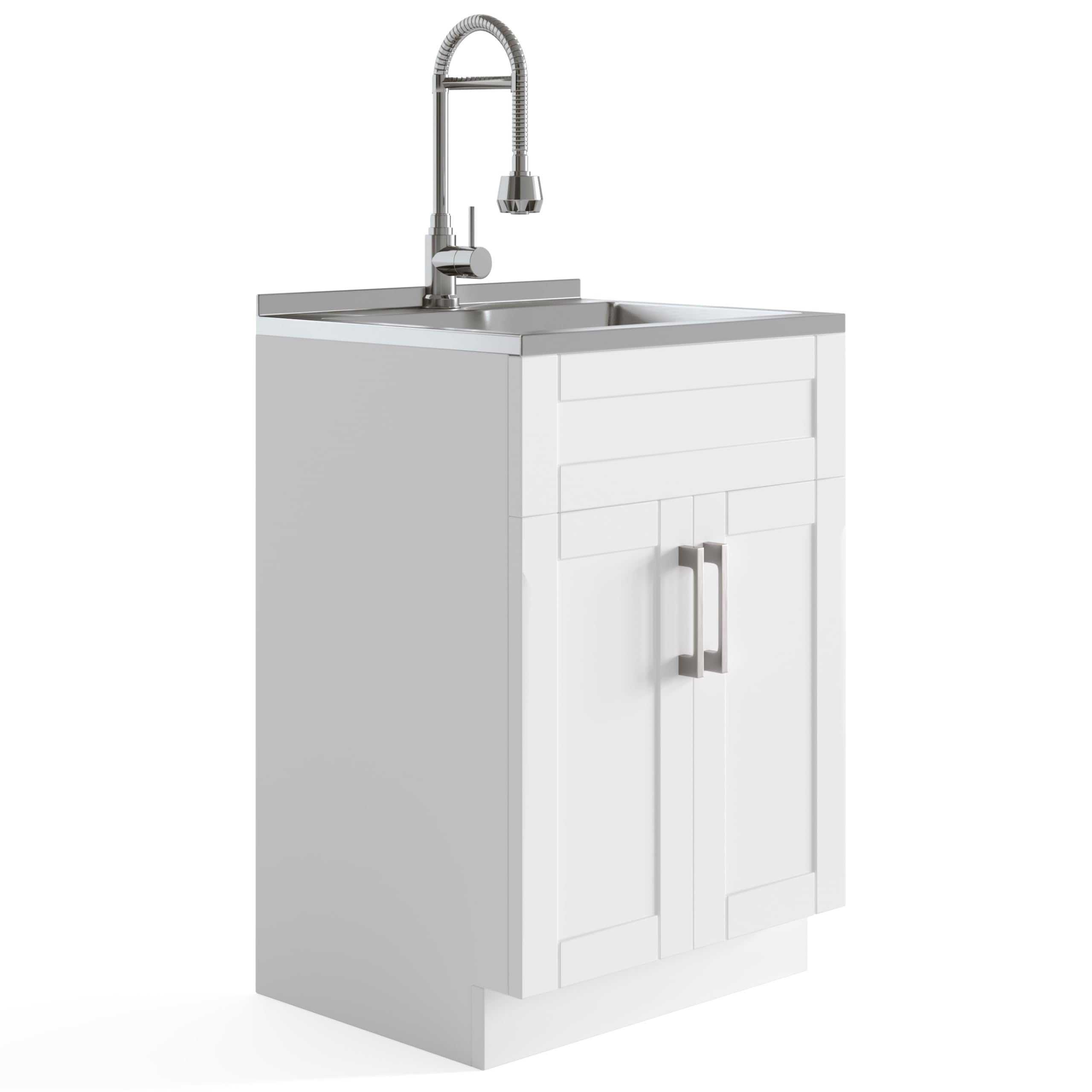 SIMPLIHOME Hennessy All-in-One Utility Sink & Cabinet in Pure White, 24-inch, Laundry Cabinet with Stainless Steel Sink, Chrome 