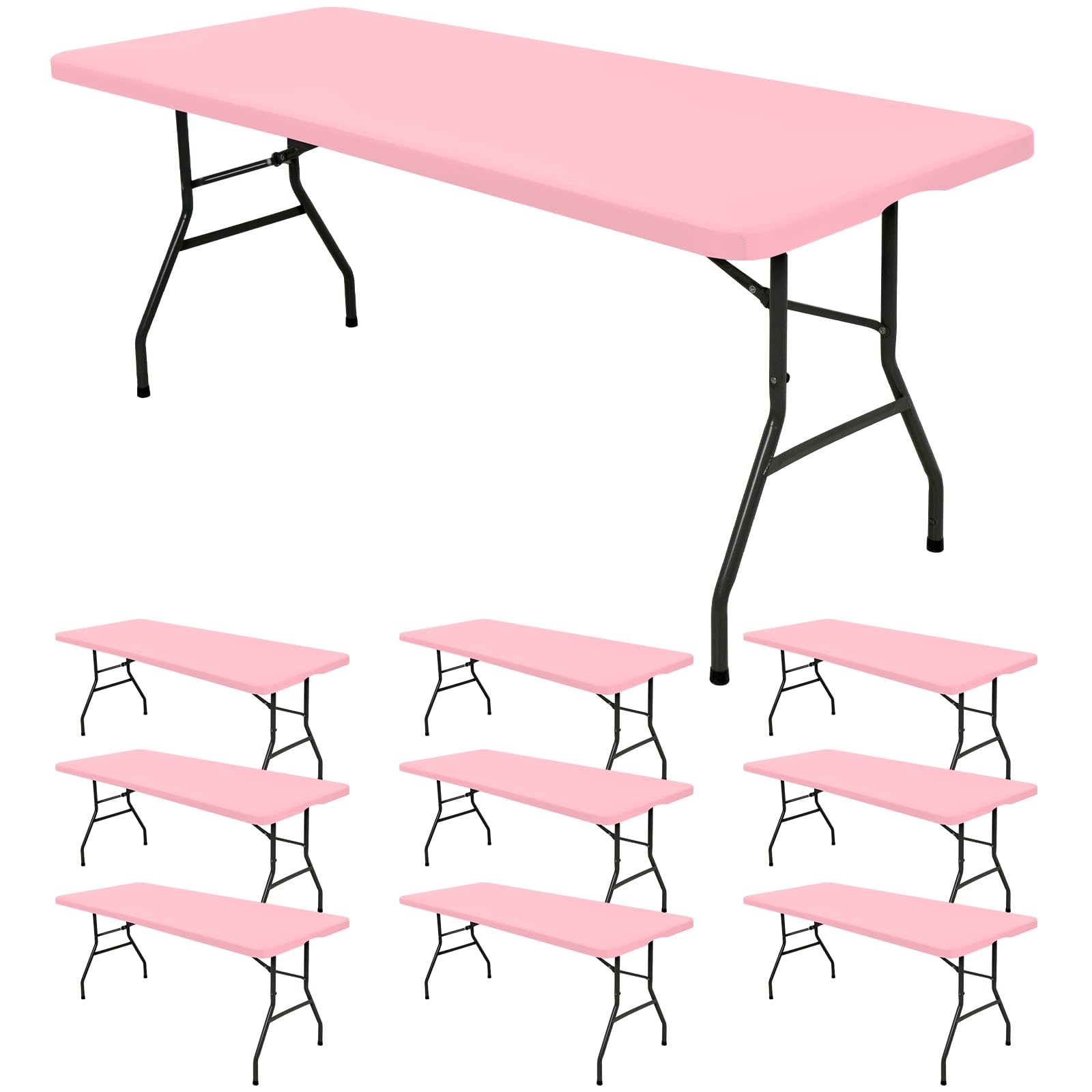 10 Pack Fitted Tablecloth for 6 Foot Rectangle Tables, Pink Elastic Outdoor Picnic Table Cover, Washable Stretch Folding Table C