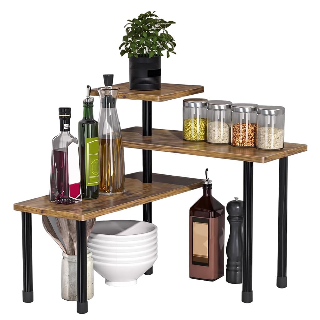 Hirnaya Stylish Wooden Rack For Kitchen Storage, Corner Shelf For Kitchen, Organizer Rack, 3 Tier Spice, Oil Stand, Tabletop Rac