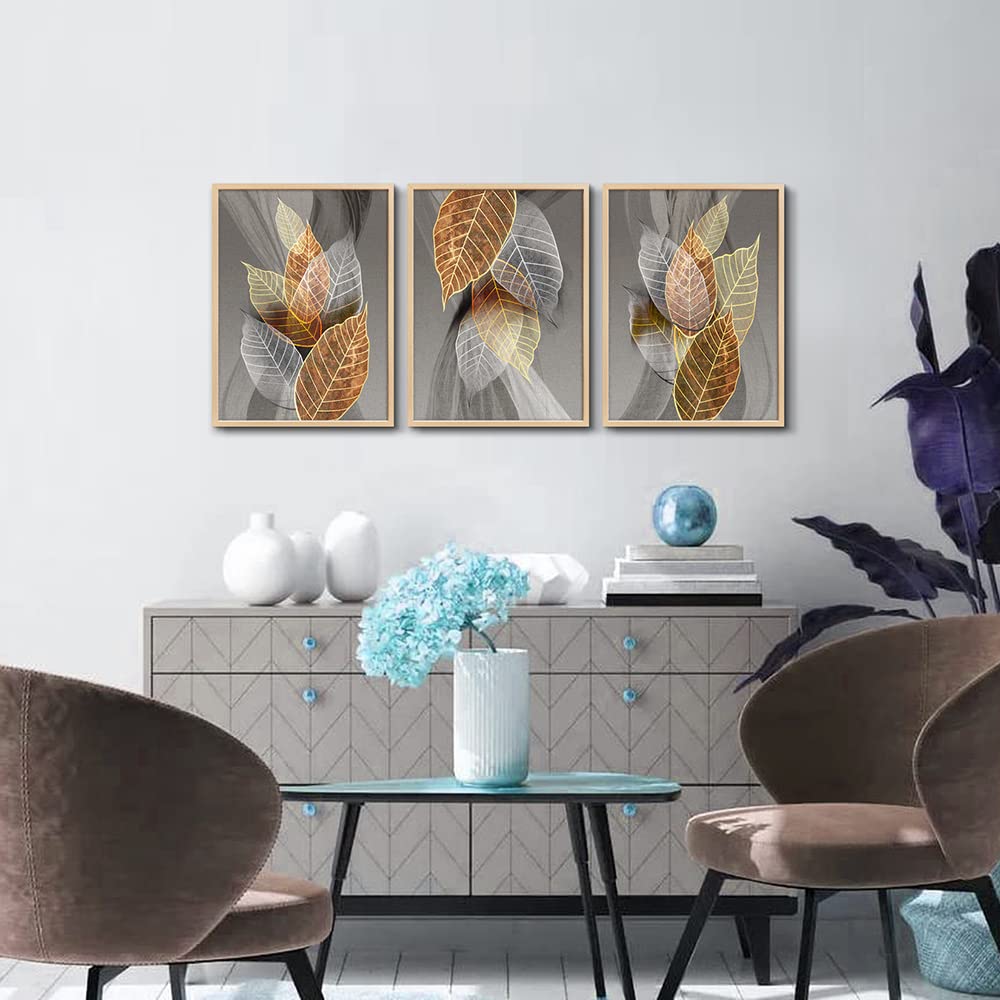 Hyidecorart Natural Framed Canvas Wall Art - 3 Piece Abstract Leaf Prints, 12x16 inches, Ideal for Living Room, Bedroom, and Bathroom Decor