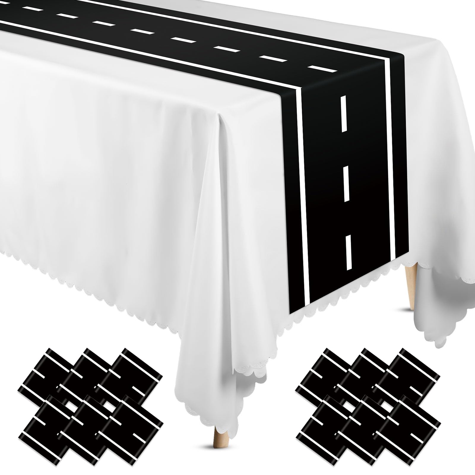 Preboun 12 Pcs Plastic Checkered Table Runner 14 x 108 Inch Racetrack Road Table Runner for Two Fast Car Theme Birthday Racing P