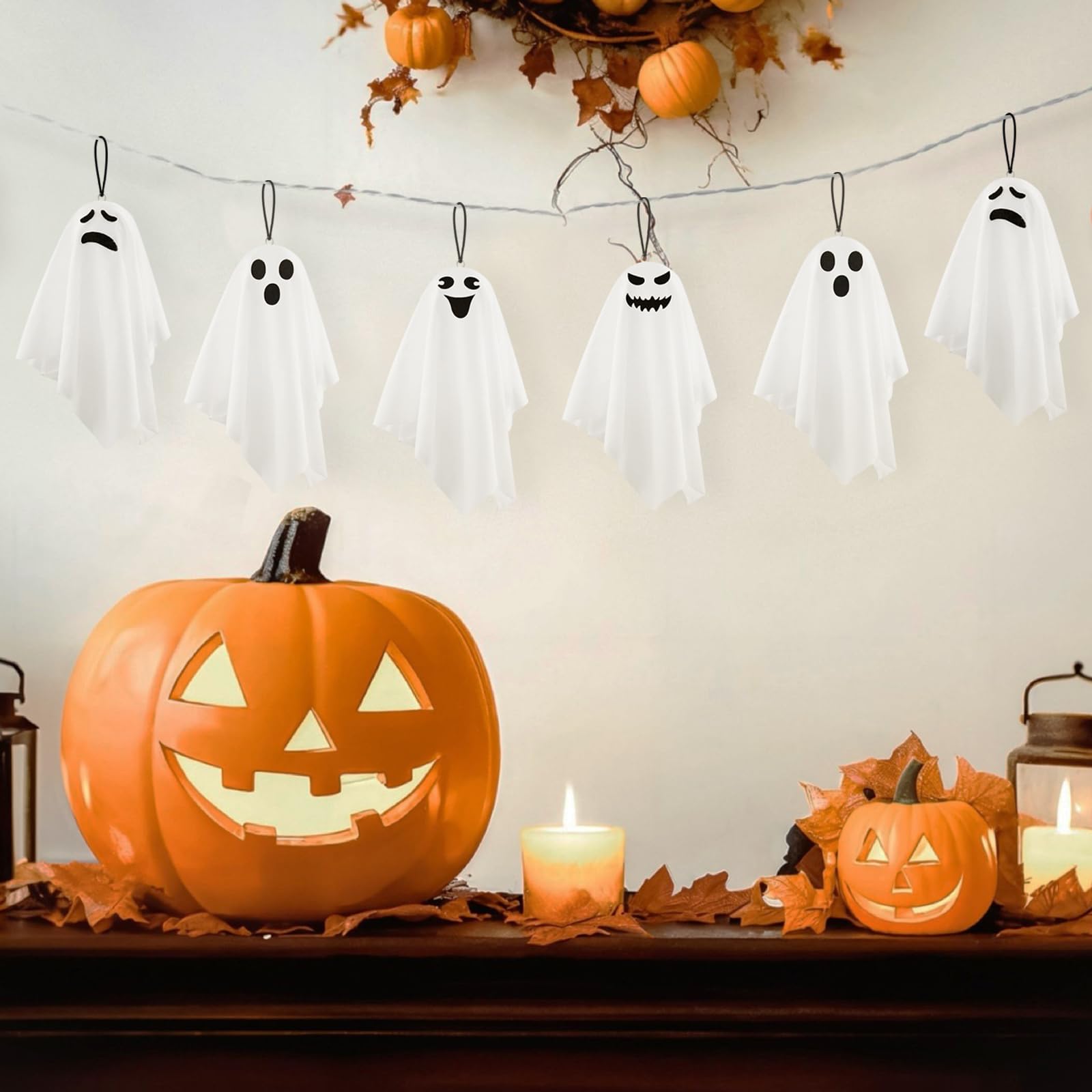 X-Kingsun 16 Pack Halloween Small Ghost Ornaments for Tree 8.27Inch White Ghosts Hanging for Front Yard Porch Patio Lawn Garden