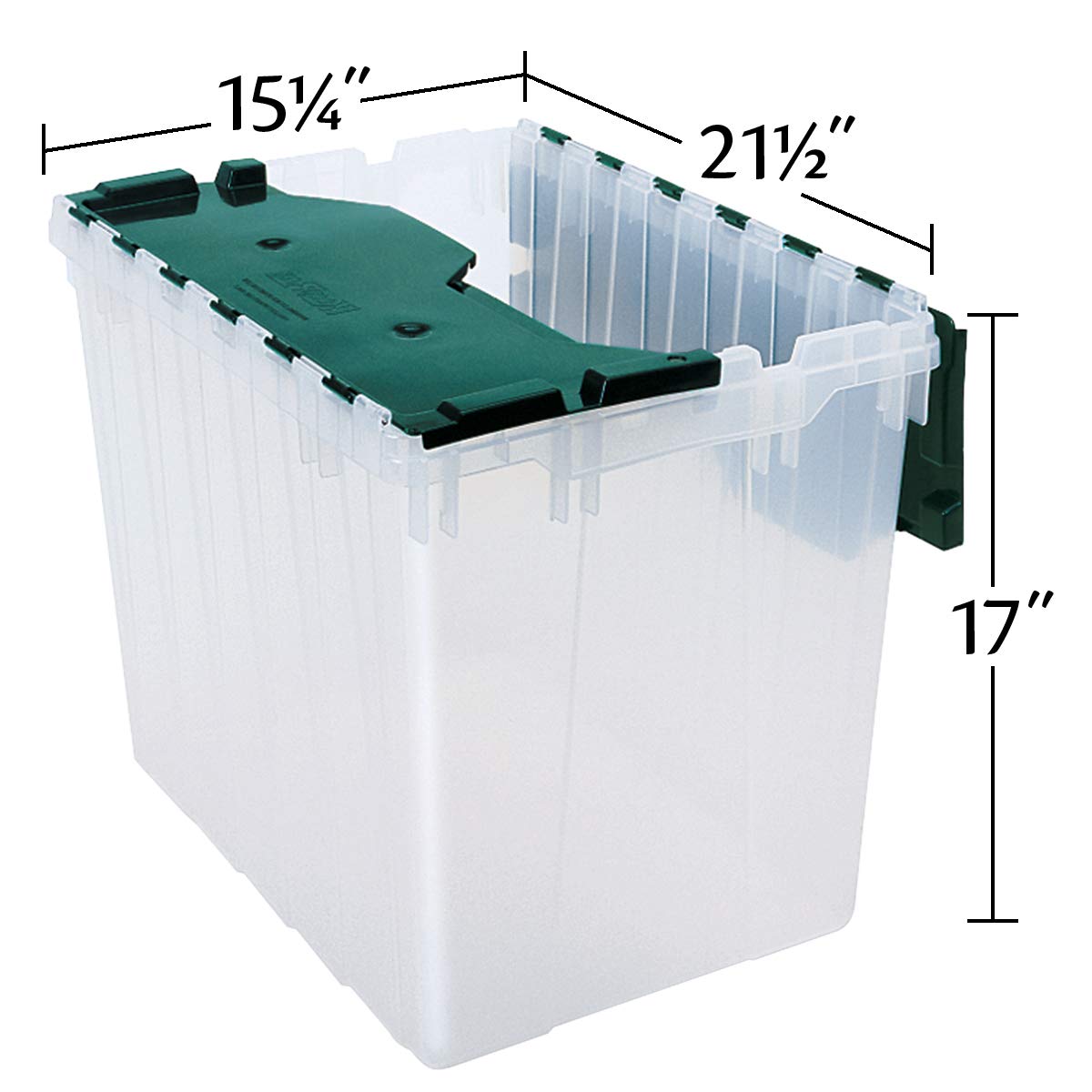 Akro-Mils 66497 18 Gallon Plastic Stackable Storage KeepBox Tote Container with Hinged Attached Lid  21-Inch L x 15-Inch W x 17-Inch H  Clear/Green