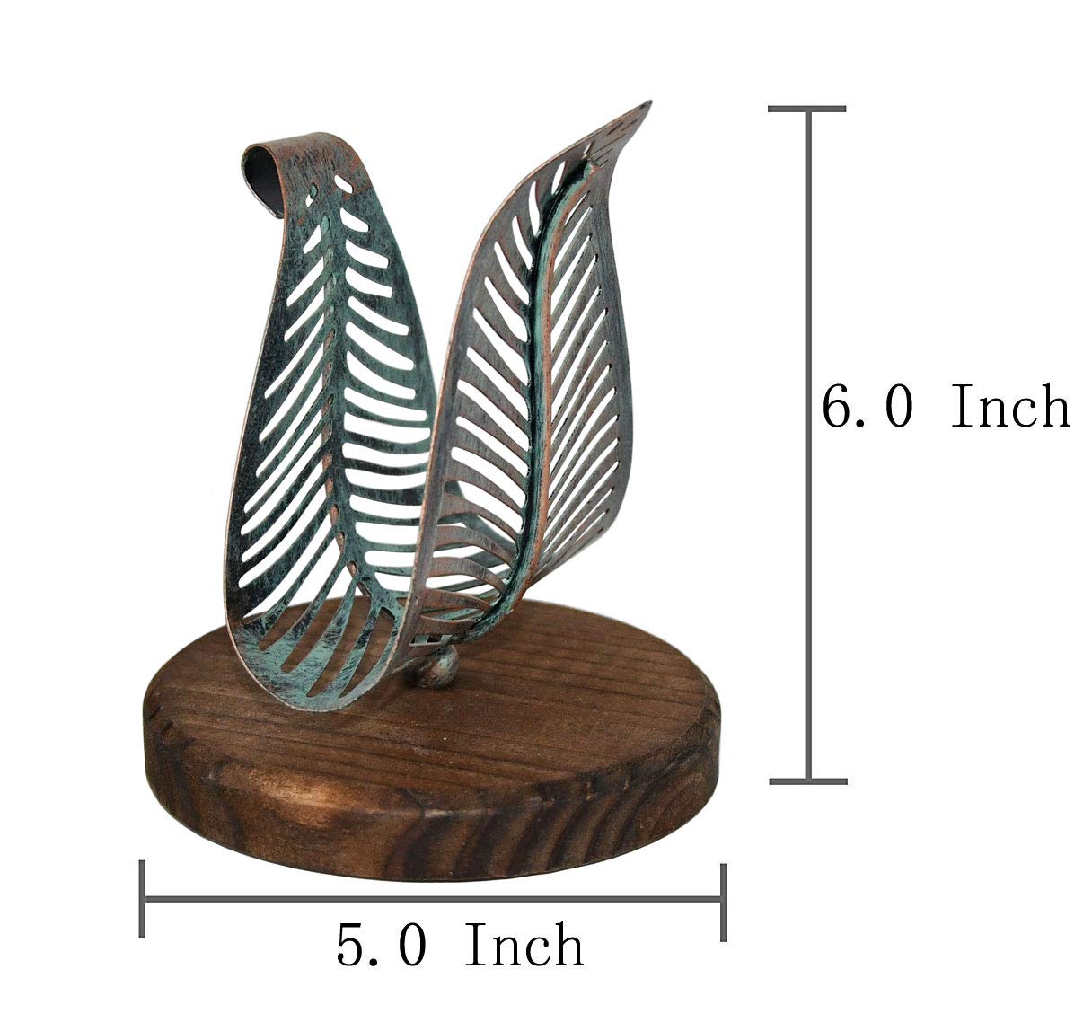 OwlGift Freestanding Modern Napkin Holder w/Golden Turquoise Metal Leaf & Brown Wooden Base Design  Tabletop Tissue Dispenser  Napkin Storage Organizer