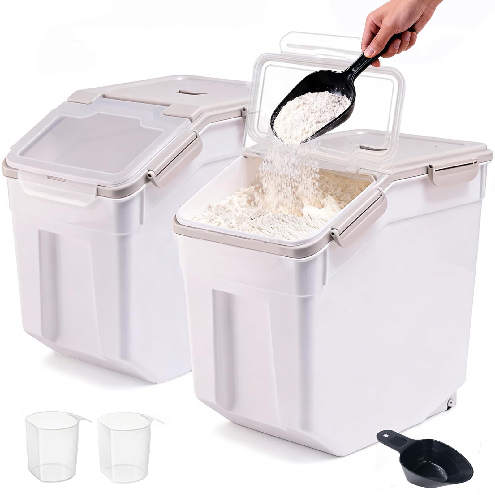 RUIAN 2Pcs Large Flour Storage Container Bin 50Lb Airtight Rice Storage Containers with Wheels Seal Locking Lid, BPA Free with M