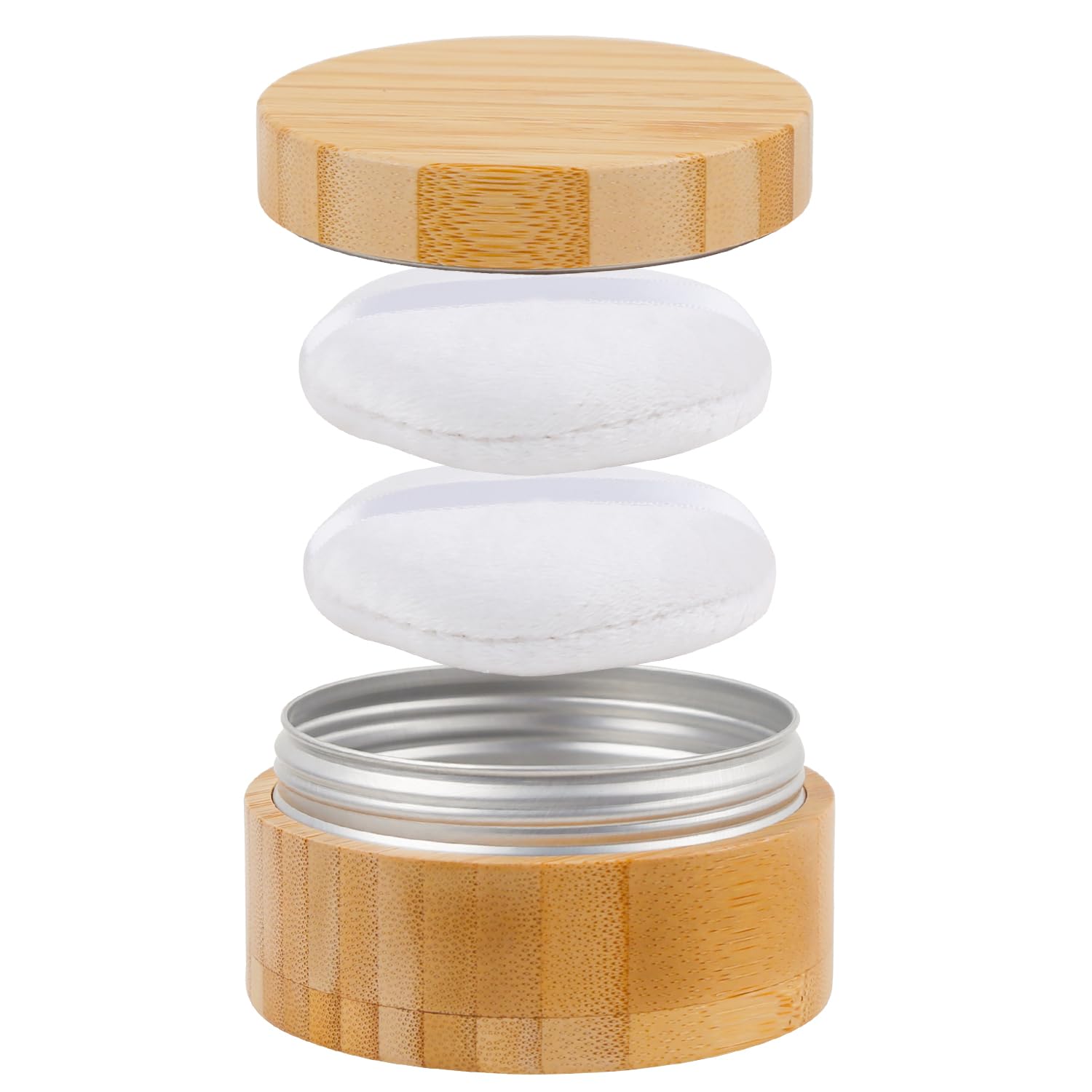 ASUNFO Body Powder Puff and Container Bamboo with 2 Pcs White Puffs 3.5 oz