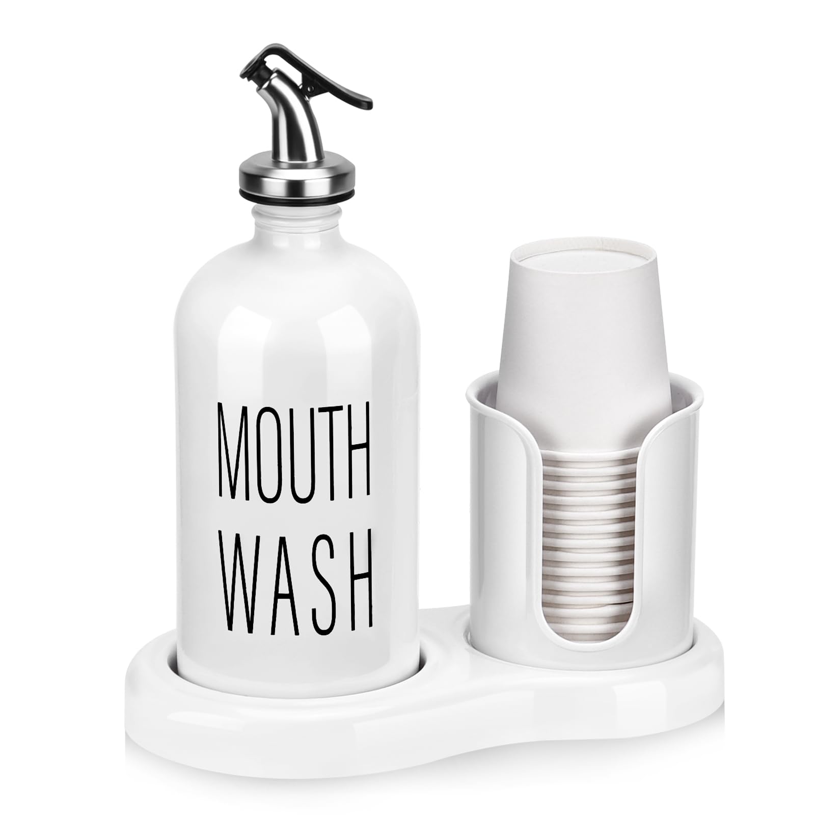 Mouthwash Dispenser For Bathroom,Byaway Mouthwash Dispenser With Cup Holder,14 Mouthwash Cups And Funnel,Refillable Glass Mouthw