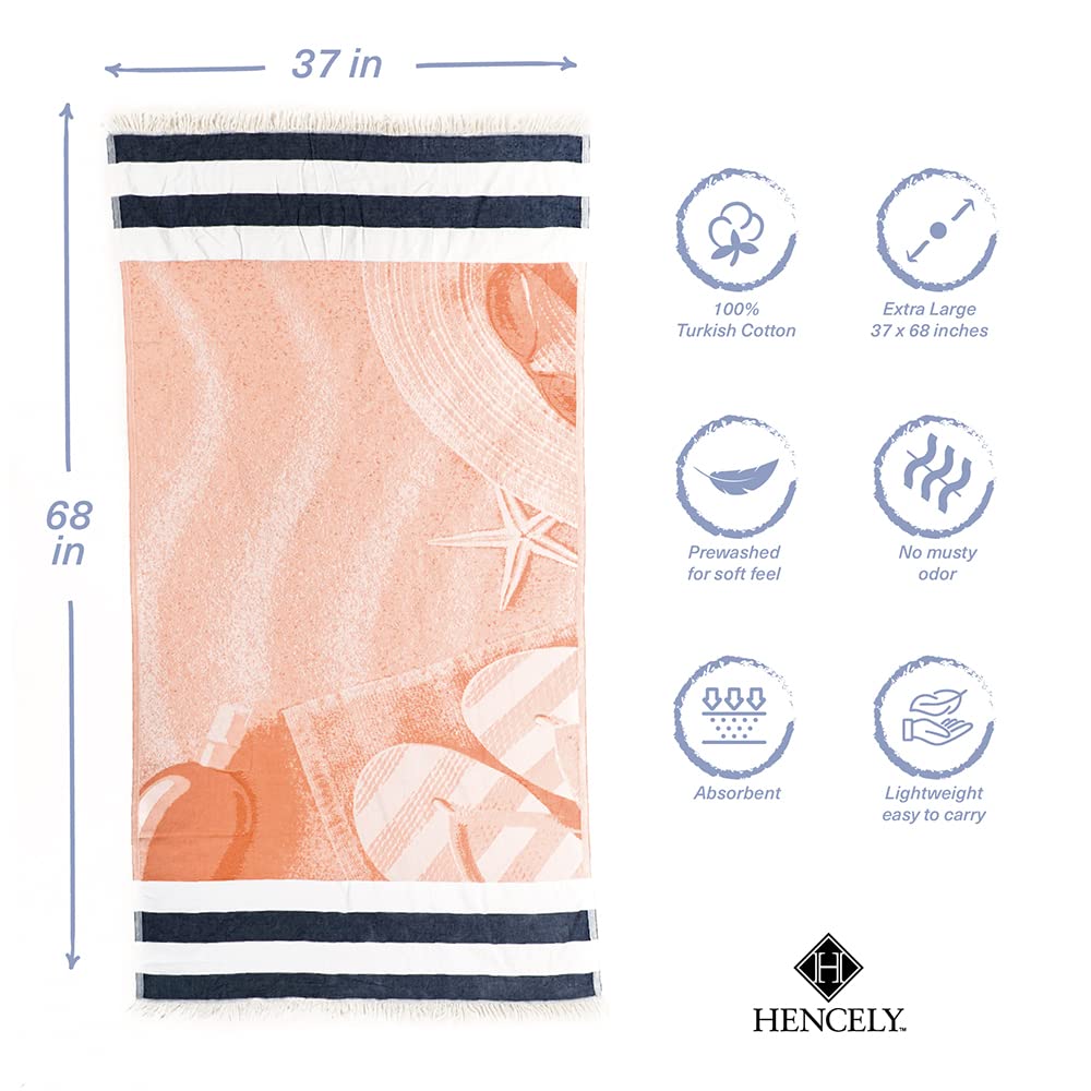 Hencely Beach Towels, 100% Cotton Soft Turkish Large Beach Towel 37 X 68 Inches For Spa, Beach, Pool, Gym And Bathroom (Sand Bea
