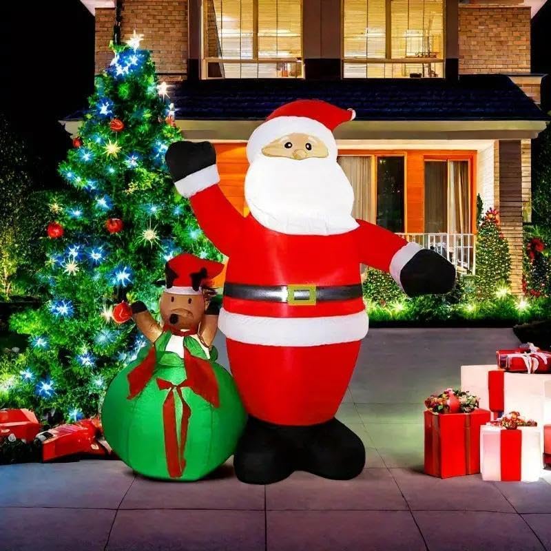 6 FT Christmas Inflatable Santa Claus+ Reindeer Peeking Out from Santas Sack- Lighted Blow Up Yard Decoration, Festive Outdoor H
