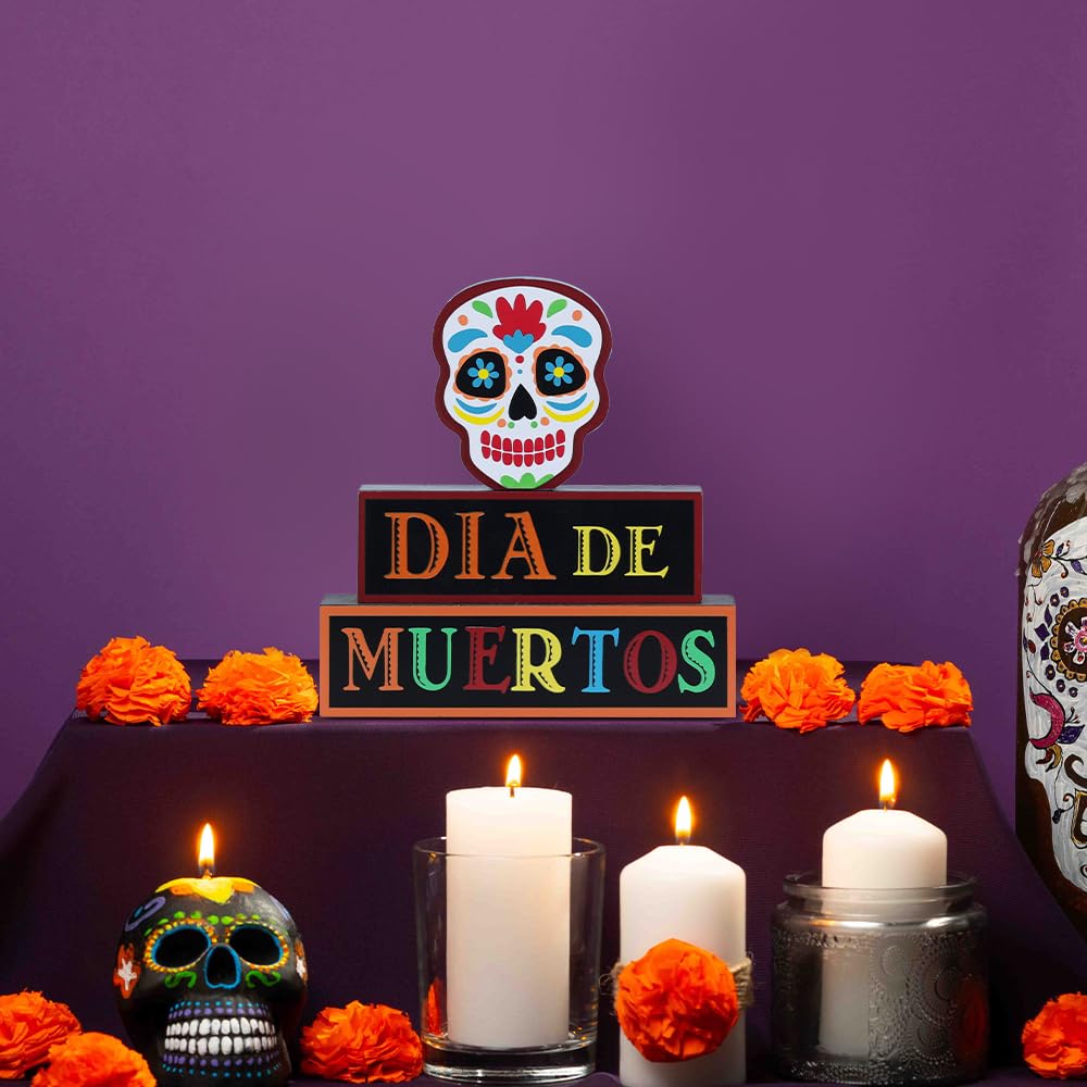 DECSPAS Day of the Dead Decorations, Wood Block Sugar Skull Dia De Los Muertos Decorations with DIA DE MUERTOS Sign, 3-Layered W