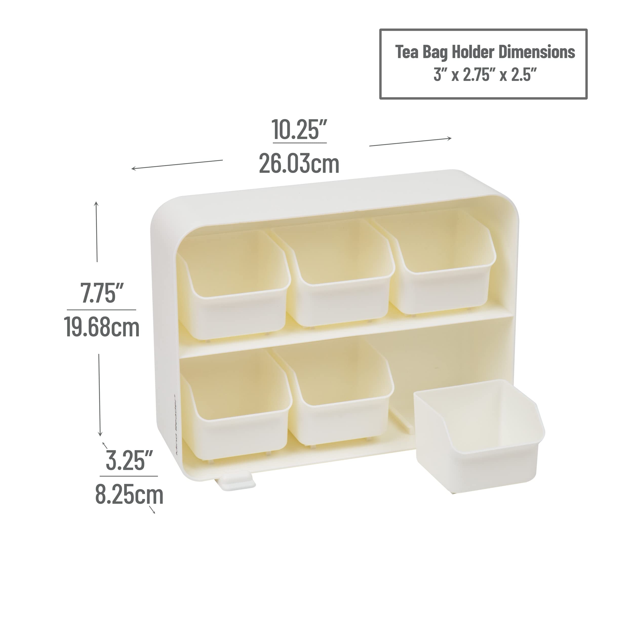 Mind Reader Tea Bag Organizer  Tea Station Organizer  Countertop Storage  Kitchen  Plastic  10.25''L x 3.25''W x 7.75''H  White