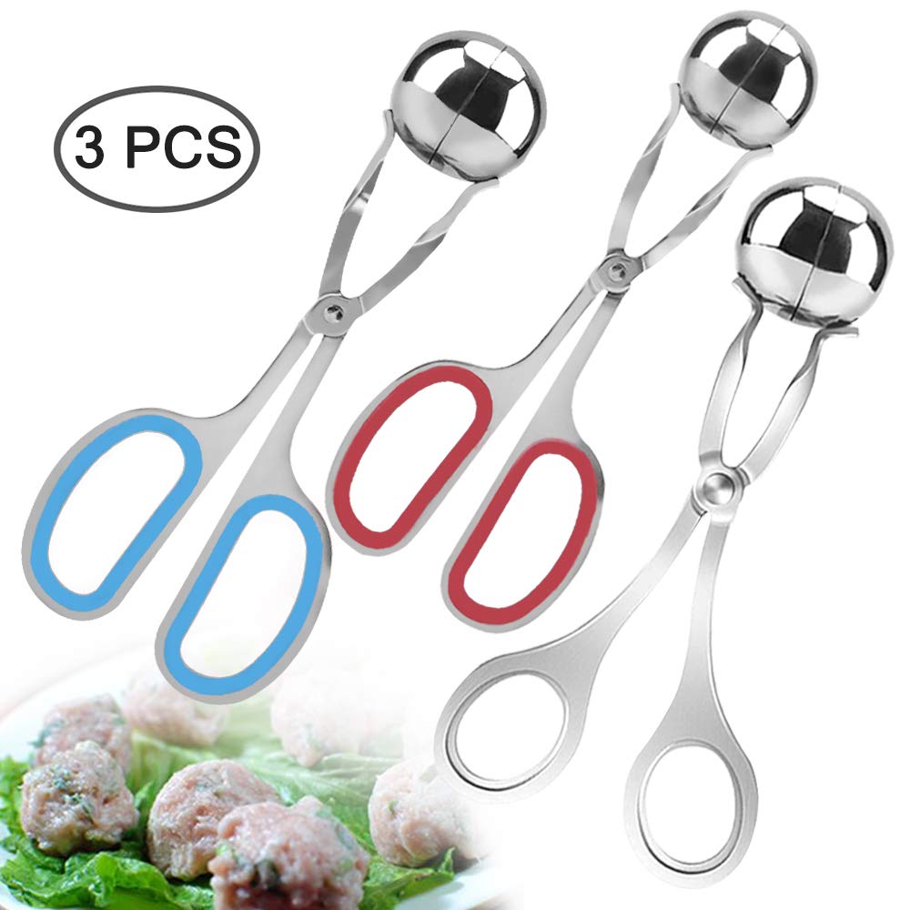 3 Pcs Stainless Steel Meat Ballers, Aifuda Nonstick Meatball Scoop Ball Maker Ice Tongs For Cake Pop, Ice Cream Scoop, Fruit, Co