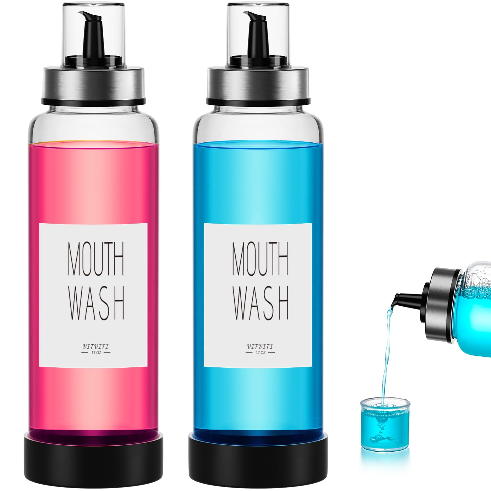 Vitviti Mouthwash Dispenser For Bathroom, Glass Mouth Wash Container With Cup Lid, 17Oz Clear Refillable Mouthwash Bottle Decant