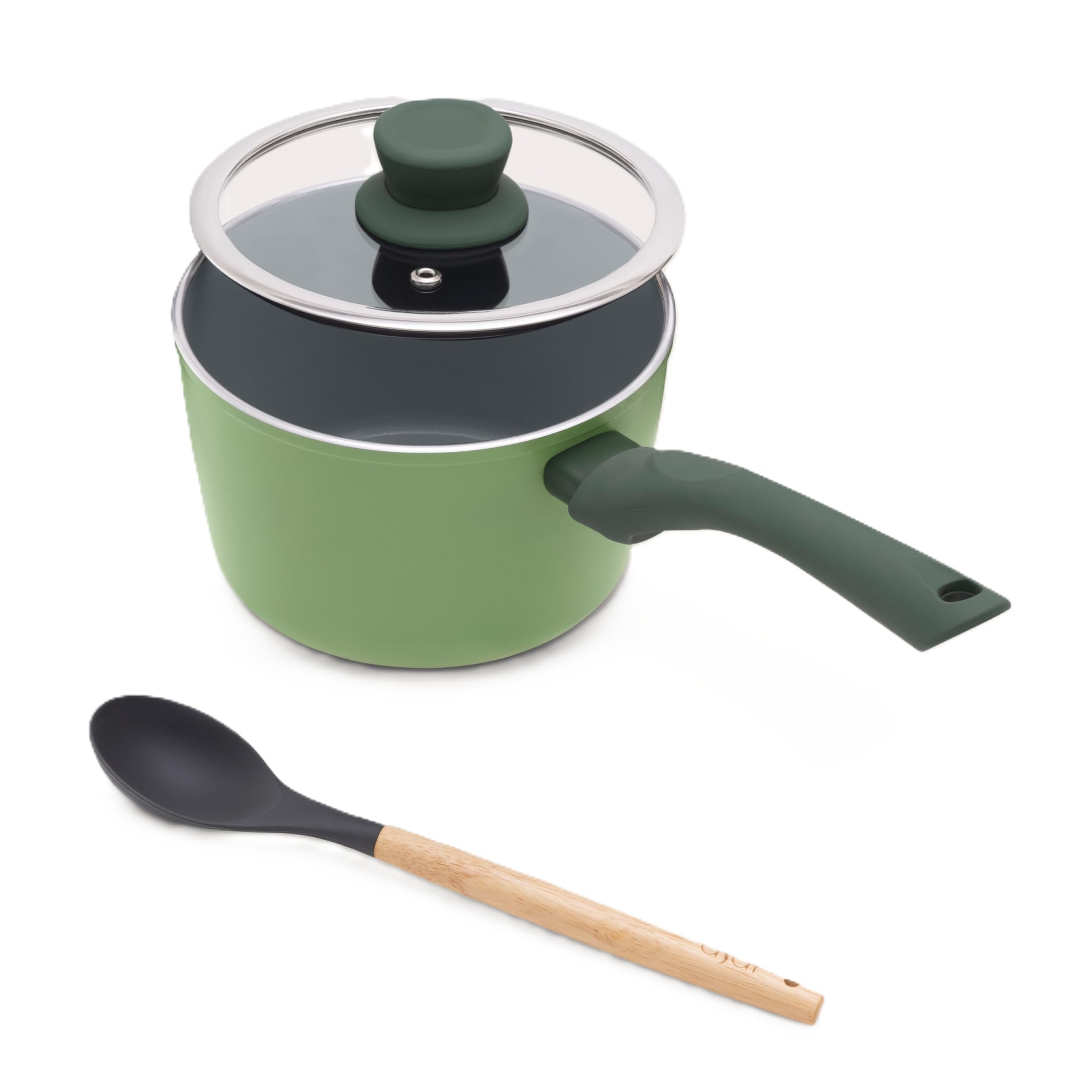Asai Ceramic Non Stick Sauce Pan 16Cm With Silicone Spatula | Green