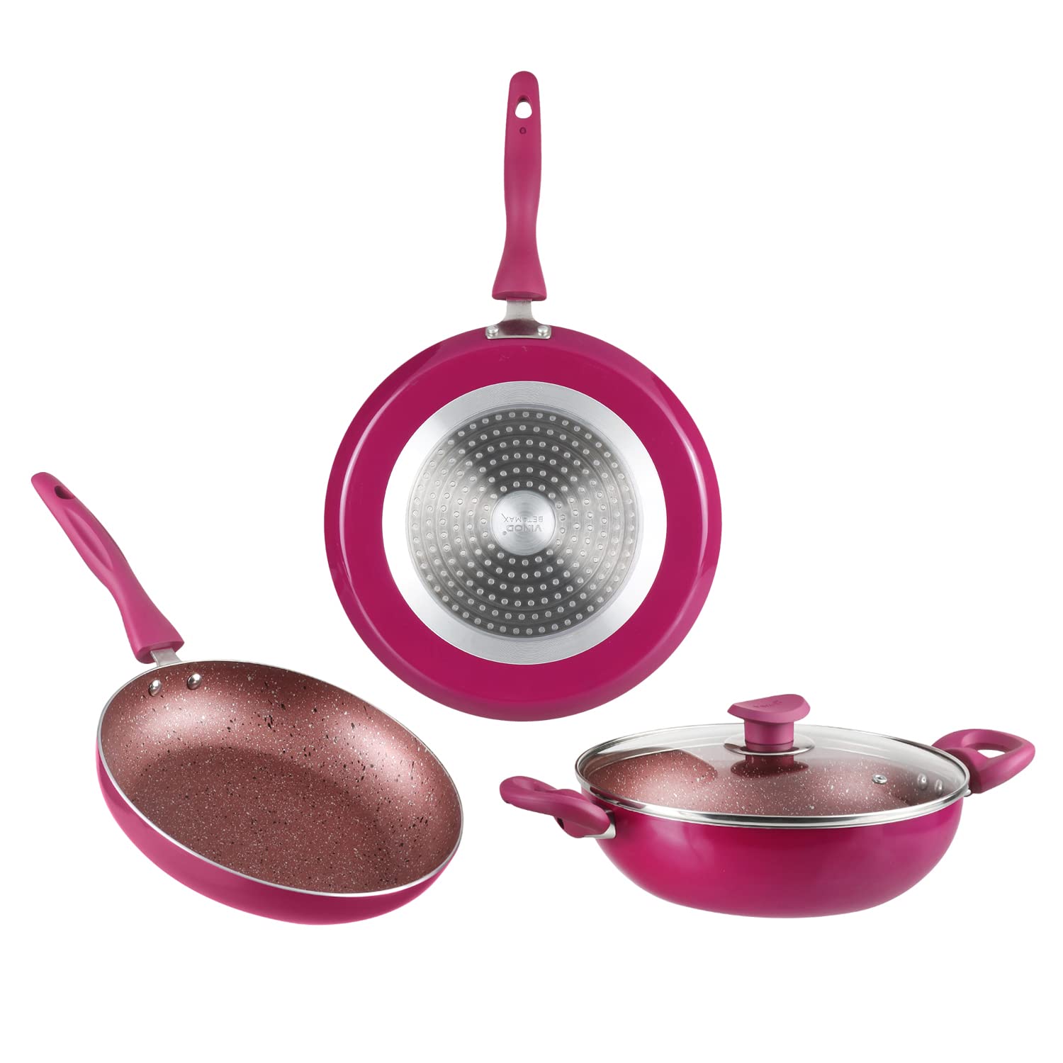 Vinod Lilac Non Stick Cookware Combo Set Of 3 | 2.5 Litre Kadai With Glass Lid, 24Cm Frypan, 28Cm Dosa Tawa | 5 Layer Coating | 