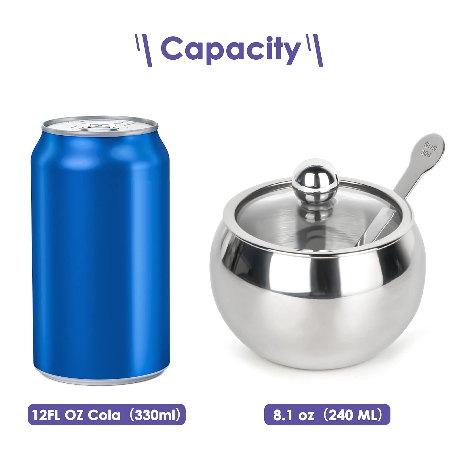 Asika Sugar Bowl, Stainless Steel Sugar Pot With Clear Lid And Spoon, Drum Shape Small Condiment Container For Home And Kitchen,