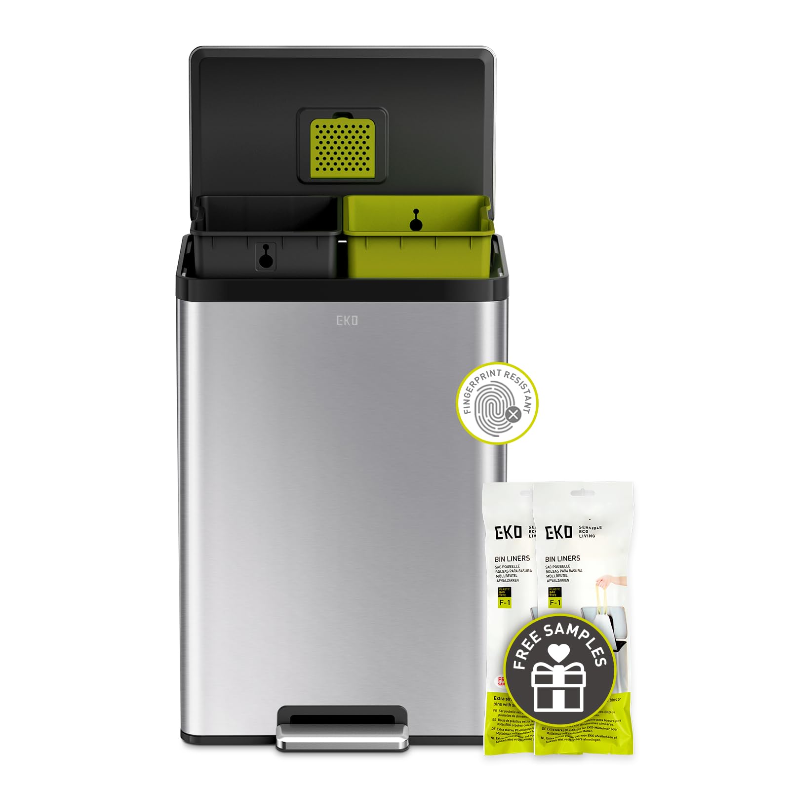 Eko Ecocasa Ii Rectangular Kitchen Step Trash Can, 20L+20L Dual Compartment Recycling Bins, Stainless Steel Lid And Pedal, Odor-