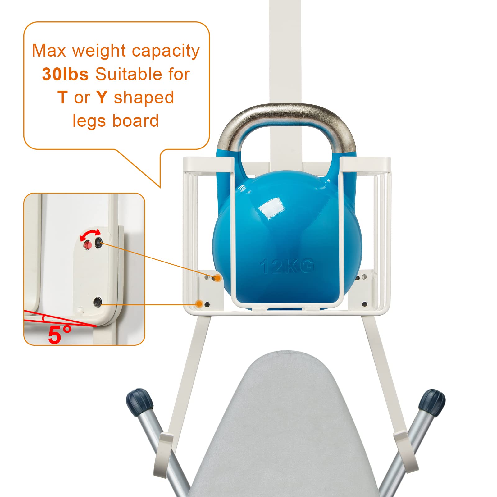 ORLESS Over The Door/Wall Mount Ironing Board Hanger  Laundry Room Iron and Ironing Caddy Board Storage Holder  White
