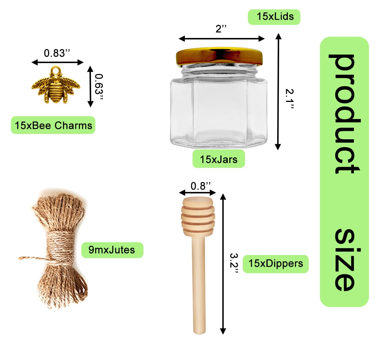 Adabocute Honey Pot 2oz, Mini Glass Honey Jars with Wood Dipper, Gold Lid, Bee Pendants, Beige Gift Bags, Thank-you Tags, Ideal