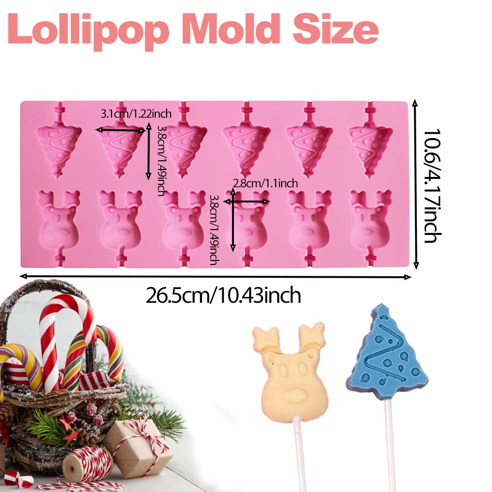 2 Pcs Christmas Lollipop Candy Chocolate Silicone Mold With 80 Paper Sticks, 24 Hole Christmas Tree Elk Shape Mold With 80Pcs Lo