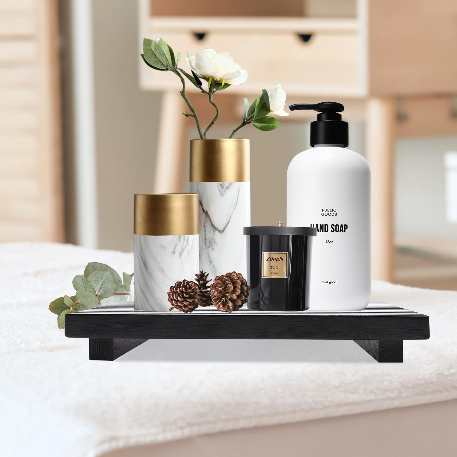 Renawe Black Bathroom Counter Tray Organizer Wood Riser Stand Kitchen Countertop Trays Wooden Pedesta Display Dish Soap Dispense