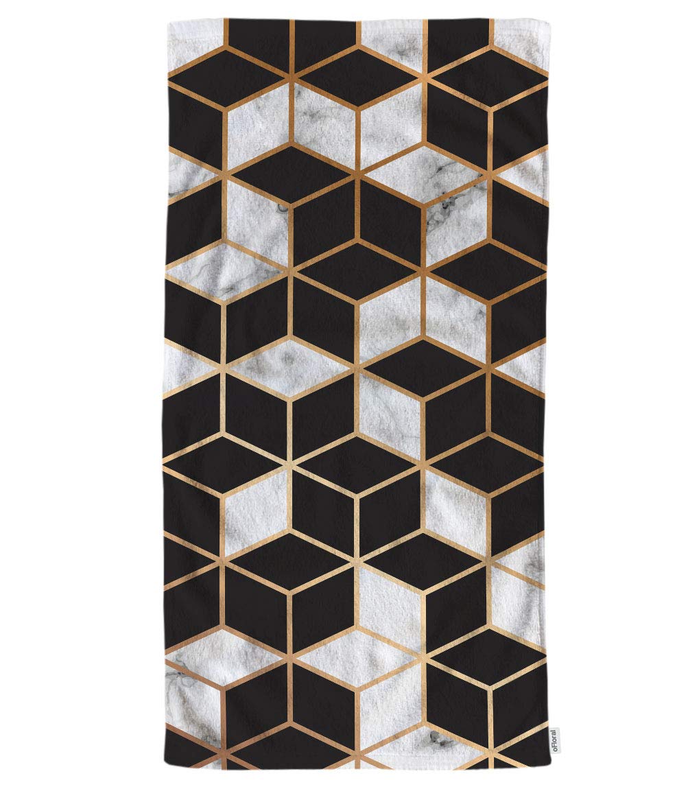 Ofloral Marble Gradient Cubes Hand Towels Cotton Washcloths,Modern Luxurious Marbling Surface Design With Golden Lines Black Whi
