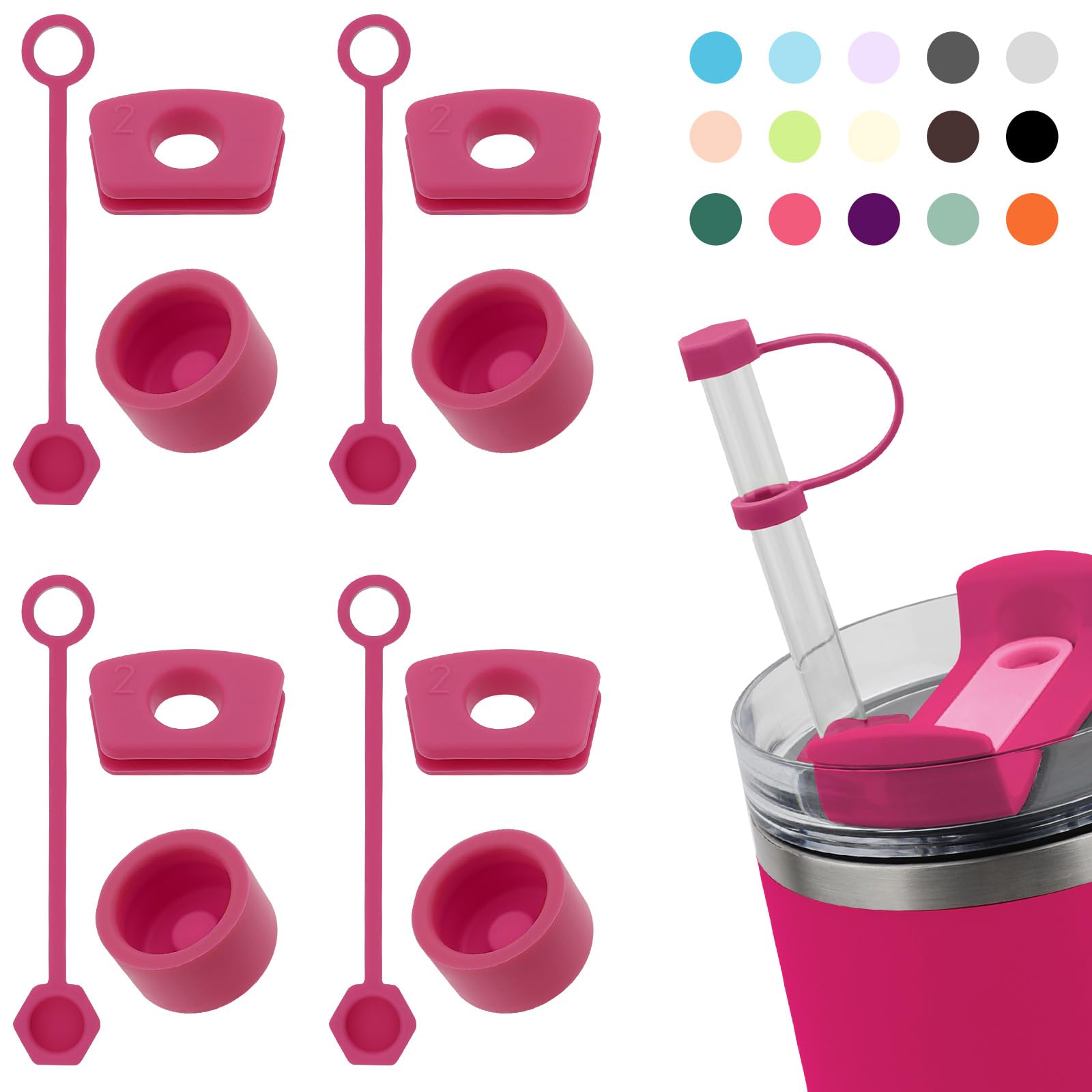 Dunlague Silicone Spill Stopper Set For Stanley Cup 2.0 30Oz & 40Oz With Straw Cover (Set Of 4, Cosmo Pink)