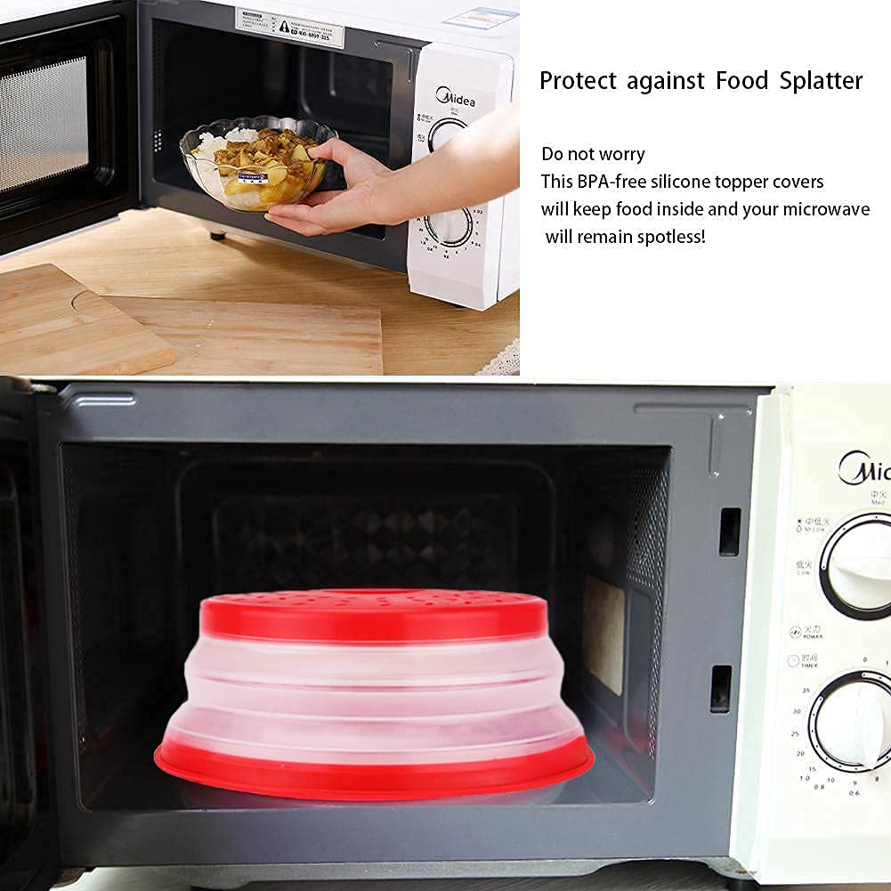 Collapsible Microwave Cover For Food Microwave Splatter Cover Fruit Drainer Bpa-Free Dishwasher Safe 10.5 Inch (Grey&Red