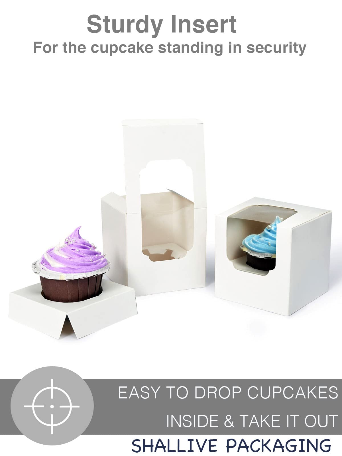 Shallive White Cupcake Boxes Individual 15 Count Pre-Assembled with Window and Inserts  Individual Cupcake Containers Auto-Popup for Wedding Baby Shower Mothers Day Birthday 3.5'' x 3.5'' x 3.5''