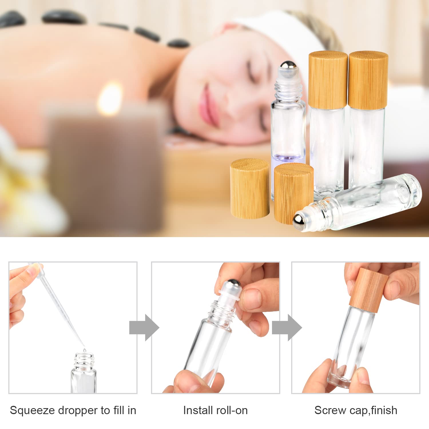 Clear Refillable Glass Empty Roll On Bottles Roller Bottle,10Ml Bamboo Roll On Bottle For Essential Oils Perfume Sample Bottles