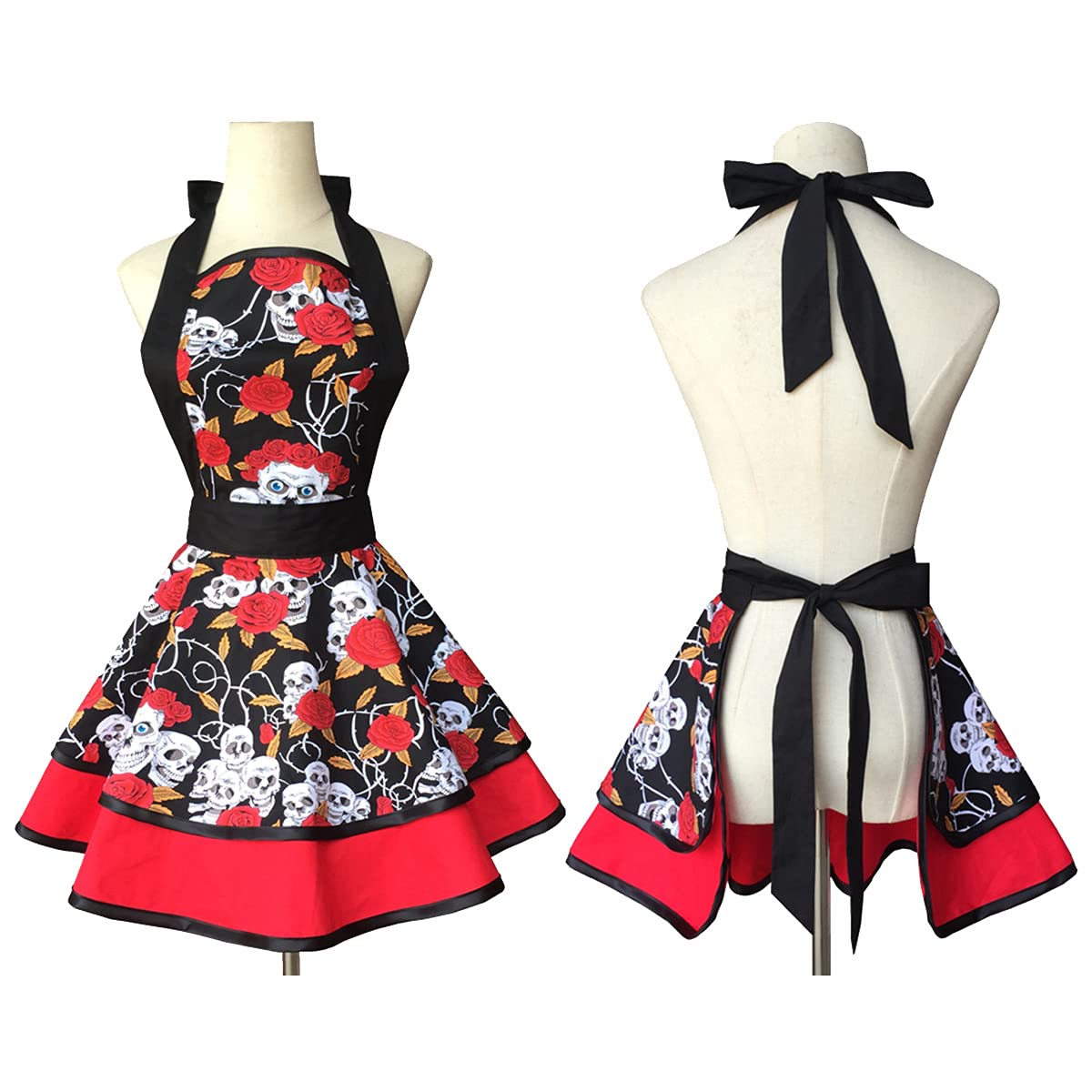 Hyzrz Halloween Costume Skull Skeleton Bones Featured Retro Aprons For Women Girls Cake Kitchen Cook Apron (Skull Head)