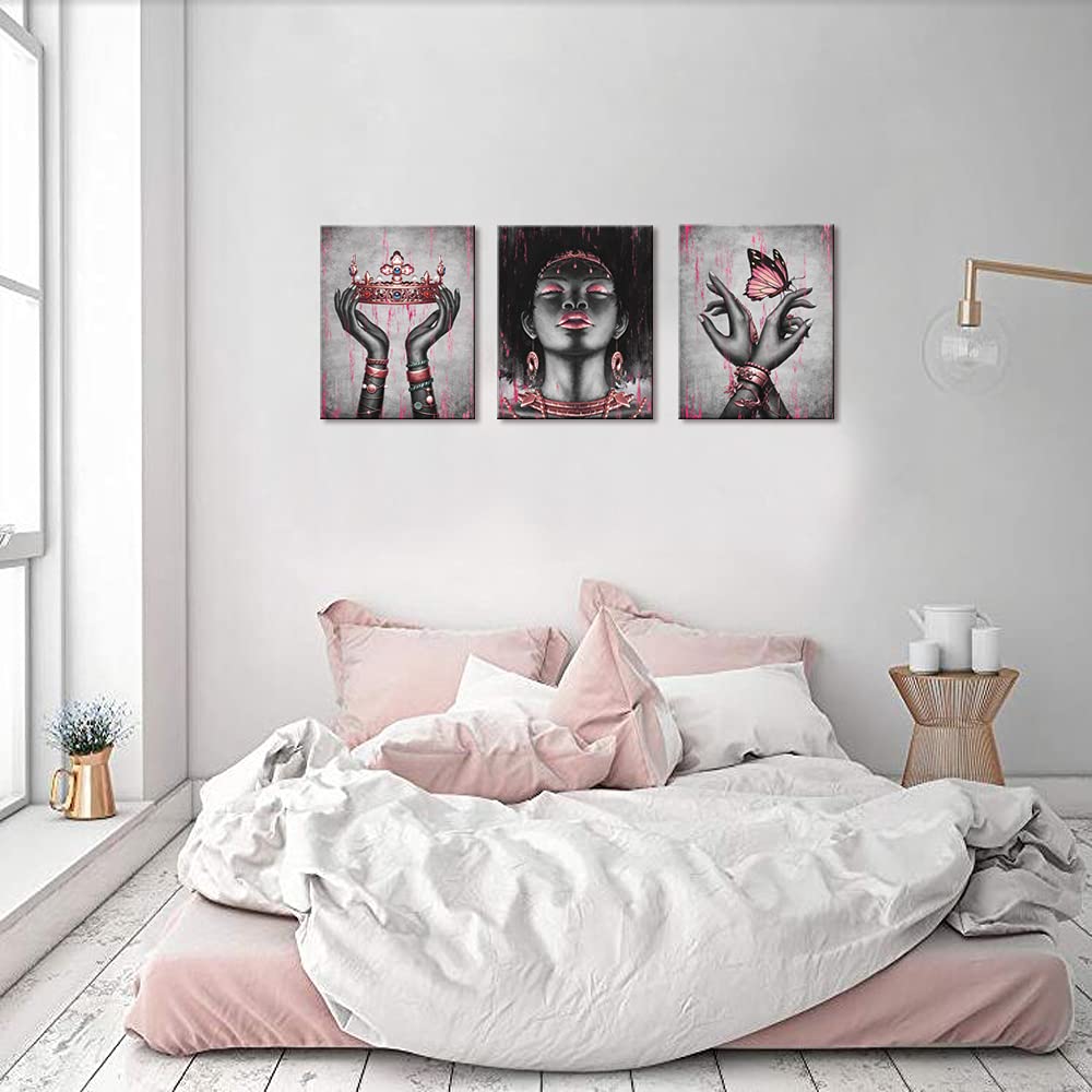 Visual Art Decor African American Canvas Wall Art Black Woman Portrait Fashion Gold Rose Pink Necklace Bracelet Queen Crown Butt