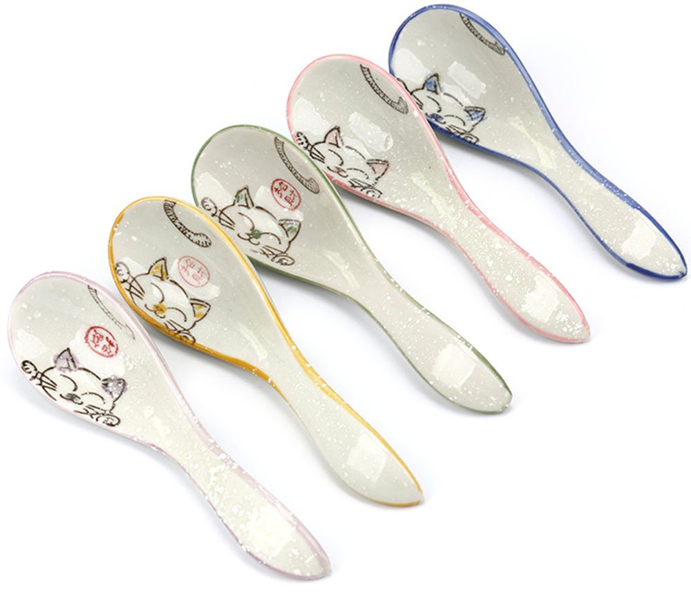 5Pcs Ceramics Japanese Fortune Cat Lucky Cat Hand Painted Soup Spoons