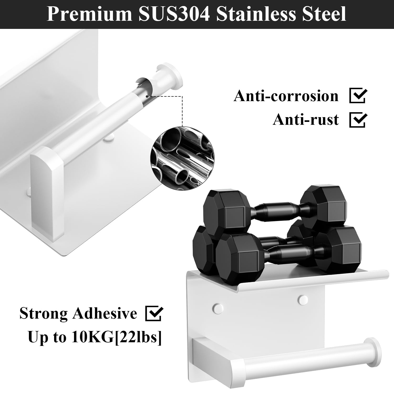 Tindbea Toilet Paper Holder with Phone Shelf + Towel Robe Hooks  Adhesive or Screw Wall Mounted Toilet Paper Roll Storage Dispenser  Stainless Steel Bathroom Tissue Roll Holder (White)