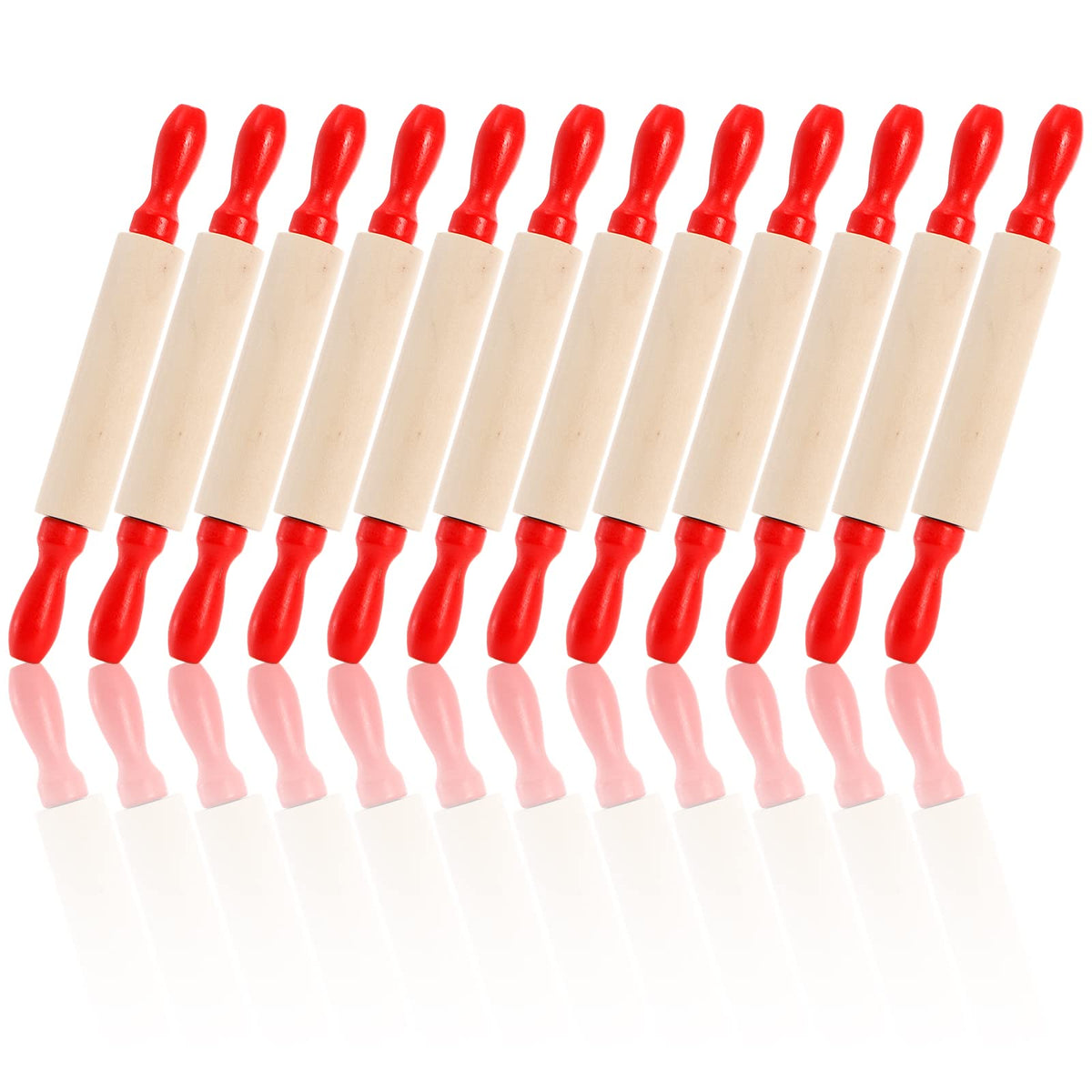 Soujoy Set Of 12 Mini Rolling Pin, 8 Inch Wood Dough Roller For Baking With Red Handle, Small Clay Rolling Pin For Craft Fondant