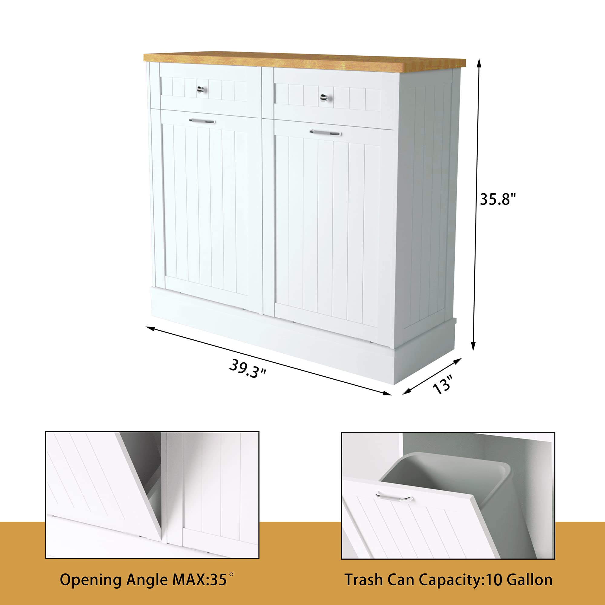 Betterhood Double Tilt Out Trash Cabinet 20 Gallon, Trash Can Cabinet For Kitchen With Drewers & Solid Wooden Tabletop Free Stan
