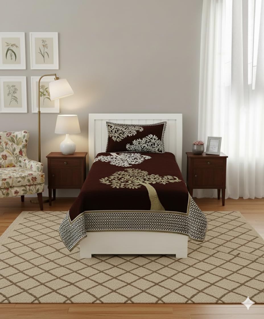 Fresh From Loom Chenille Floral 500 Tc Heavy Bedsheet For Single Bed With 1 Pillow Cover, Size  60 X 90 Inch Color  Tree Brown