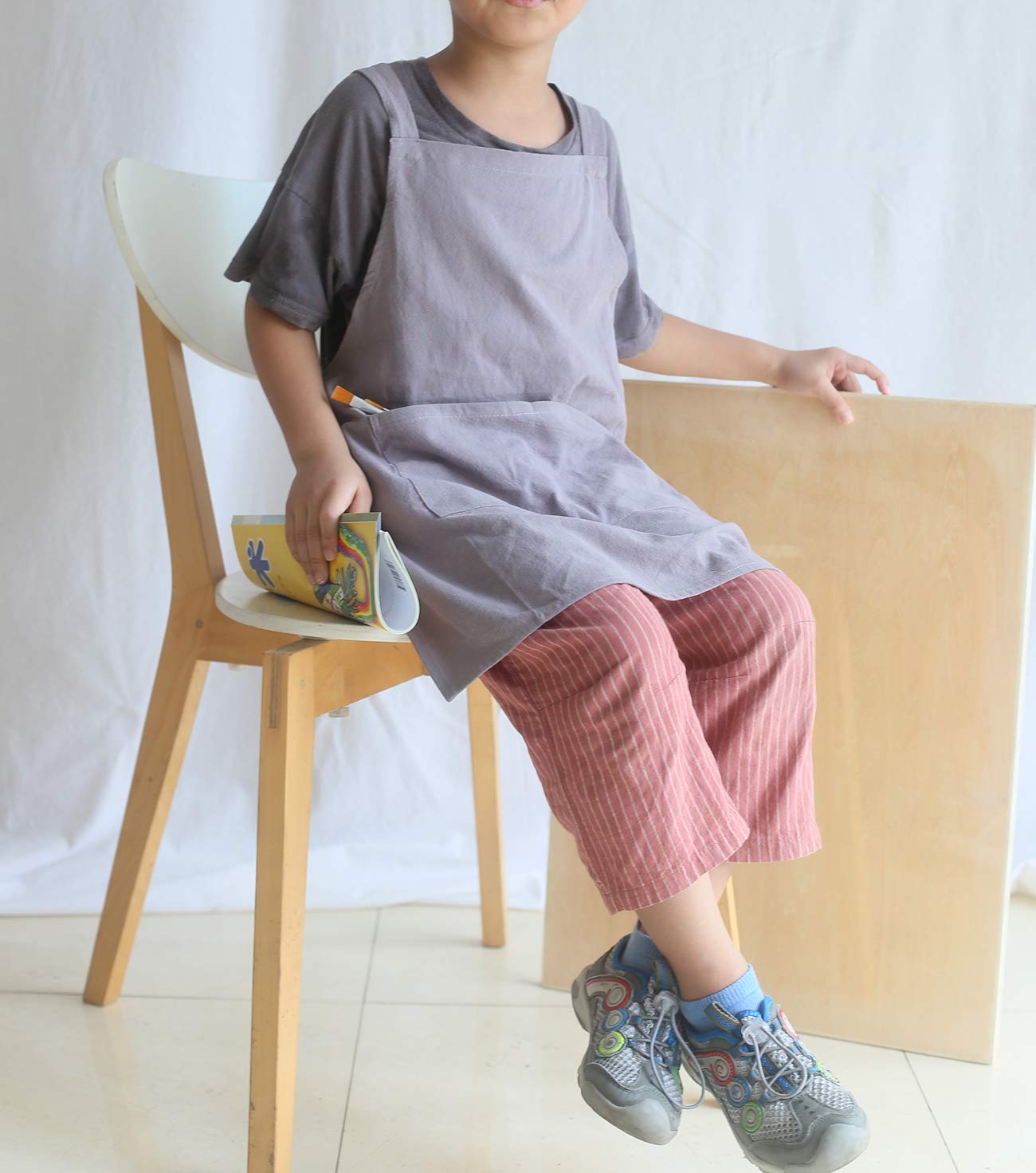 Losofar Children Cotton Cross Back Apron Japanese Style Bib Home Clothes Painting Soft Comfort Pinafore Apron For Girls Boys (Gr