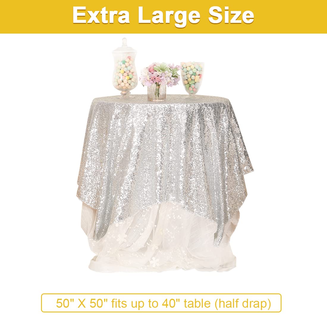 Partydelight Sequin Tablecloth, Sequin Table Overlay Square, 50''X50'', Silver.