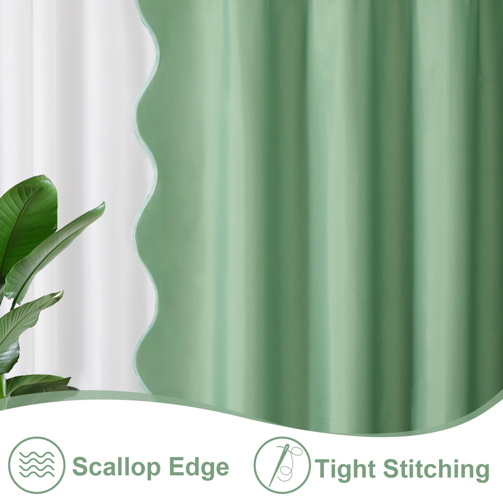 Ortigia Green Scalloped Shower Curtain, Cute Boho Preppy Sage Green Shower Curtains Aesthetic Waterproof Fabric Shabby Chic Bath
