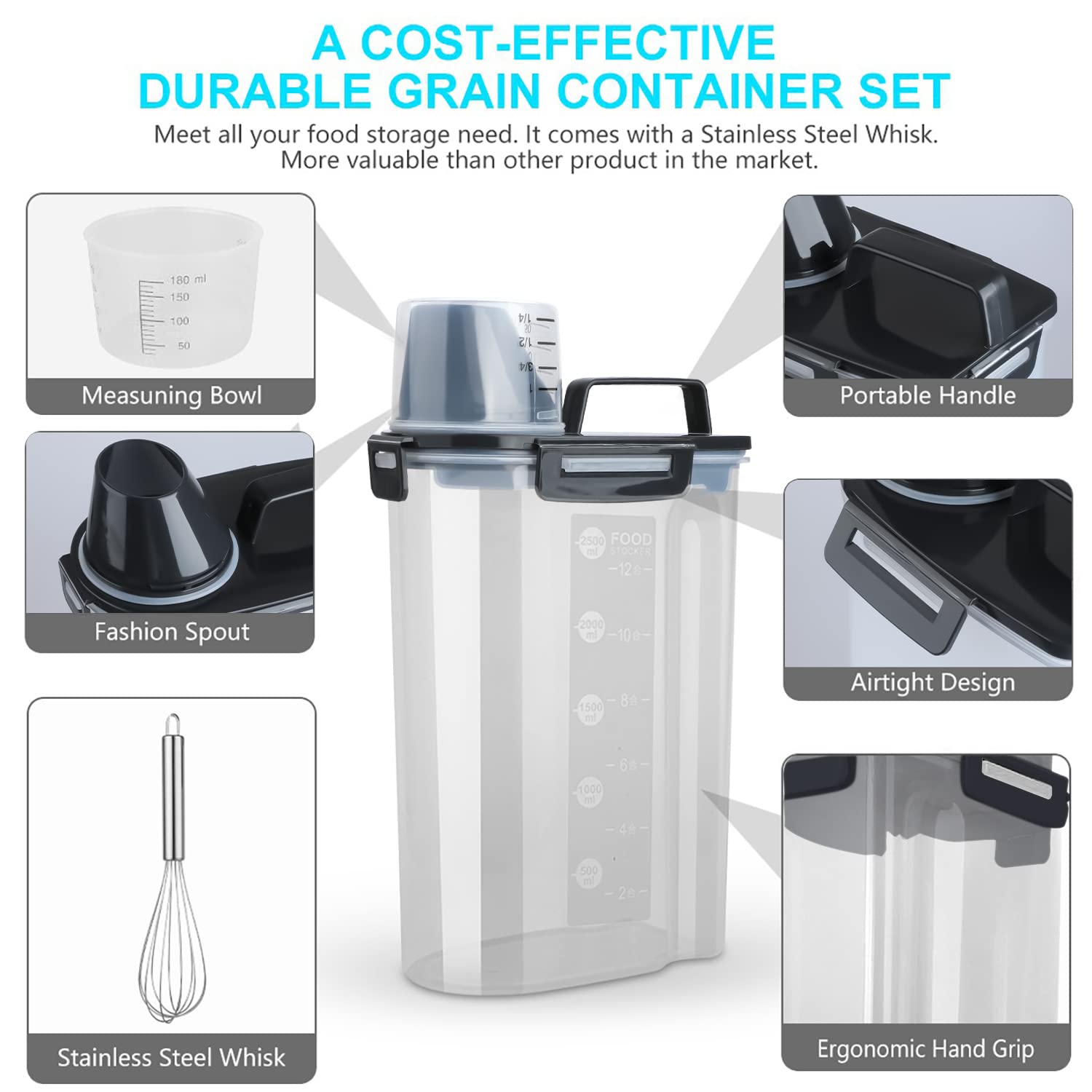 Uppetly Rice Airtight Dry Food Storage Containers, Bpa Free Plastic Storage Bin Dispenser With Pourable Spout, Measuring Cup For
