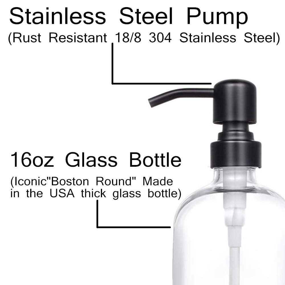 2 Pack Thick Clear Glass Pint Jar Soap Dispenser With Matte Black Stainless Steel Pump, 16Ounce Clear Boston Round Bottles Dispe