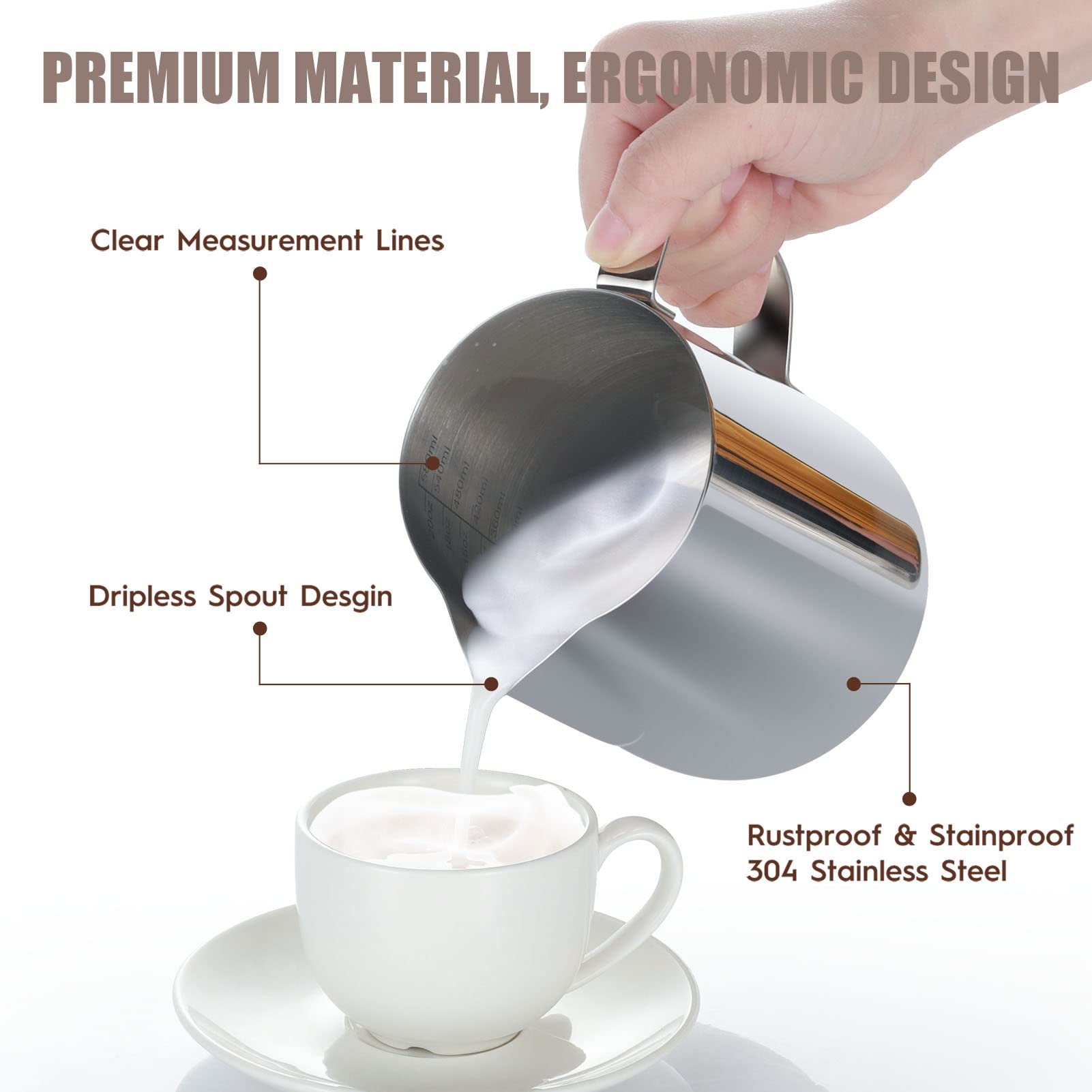 Milk Frothing Pitcher, Thicker Version 12Oz Espresso Steaming Pitchers Stainless Steel Cappuccino Coffee Machine Accessories Bar