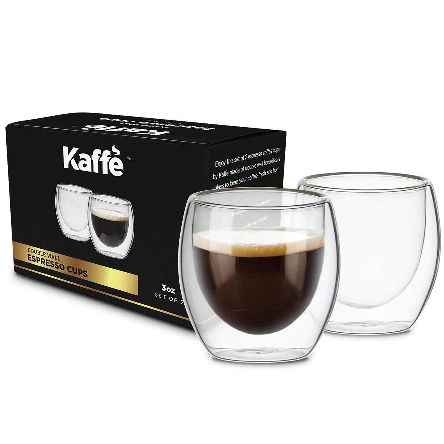 Kaffe Double Wall Insulated Glass Coffee Cups (2 X 3Oz) - Small Clear Espresso Shot Glasses - Heat Resistant Insulated Borosilic