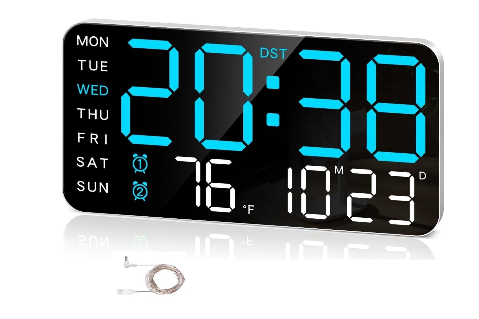 Sygnius 9 Led Digital Wall Clock With Date, Day, Temperature Display & Dual Alarm - Usb Powered, Adjustable Brightness - Ideal F