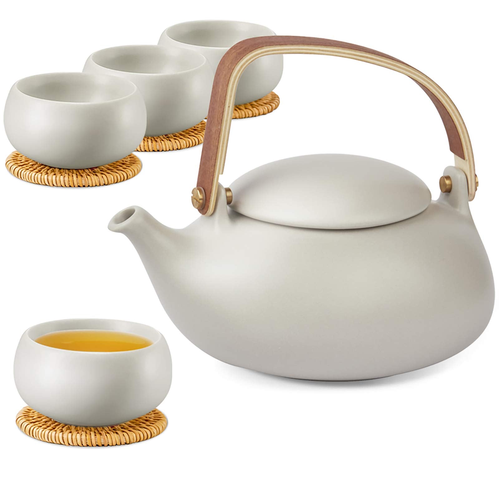 ZENS Vintage Japanese Tea Set, 27oz Ceramic Japanese Teapot with Infuser, Wood Handle Matte Gray Teapot with Strainers and 4 Cup